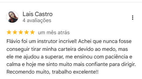 Avaliação de Laís Castro no Google sobre as aulas do Instrutor Flávio